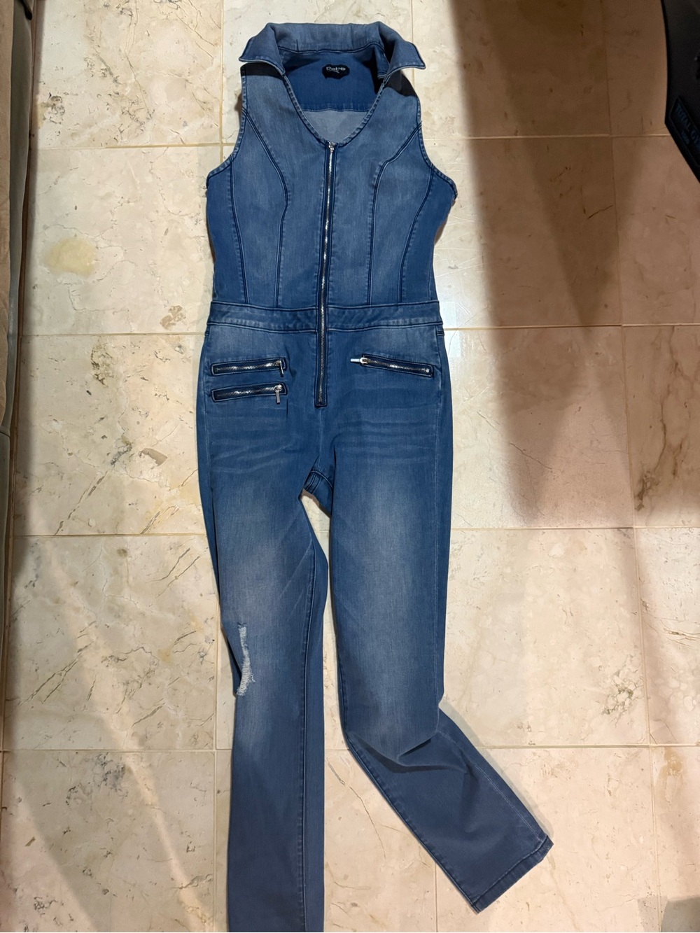 bebe Denim Zip-Front Jumpsuit in Blue